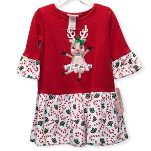 Christmas Holiday Dress Red White Candy Cane Deer Girl Size 2T New Little Lass